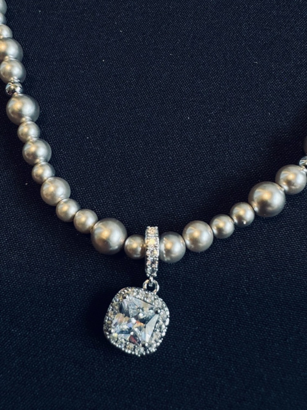 Silver Pearl Beaded Necklace with Sparkling Cubic Zirconia Pendant